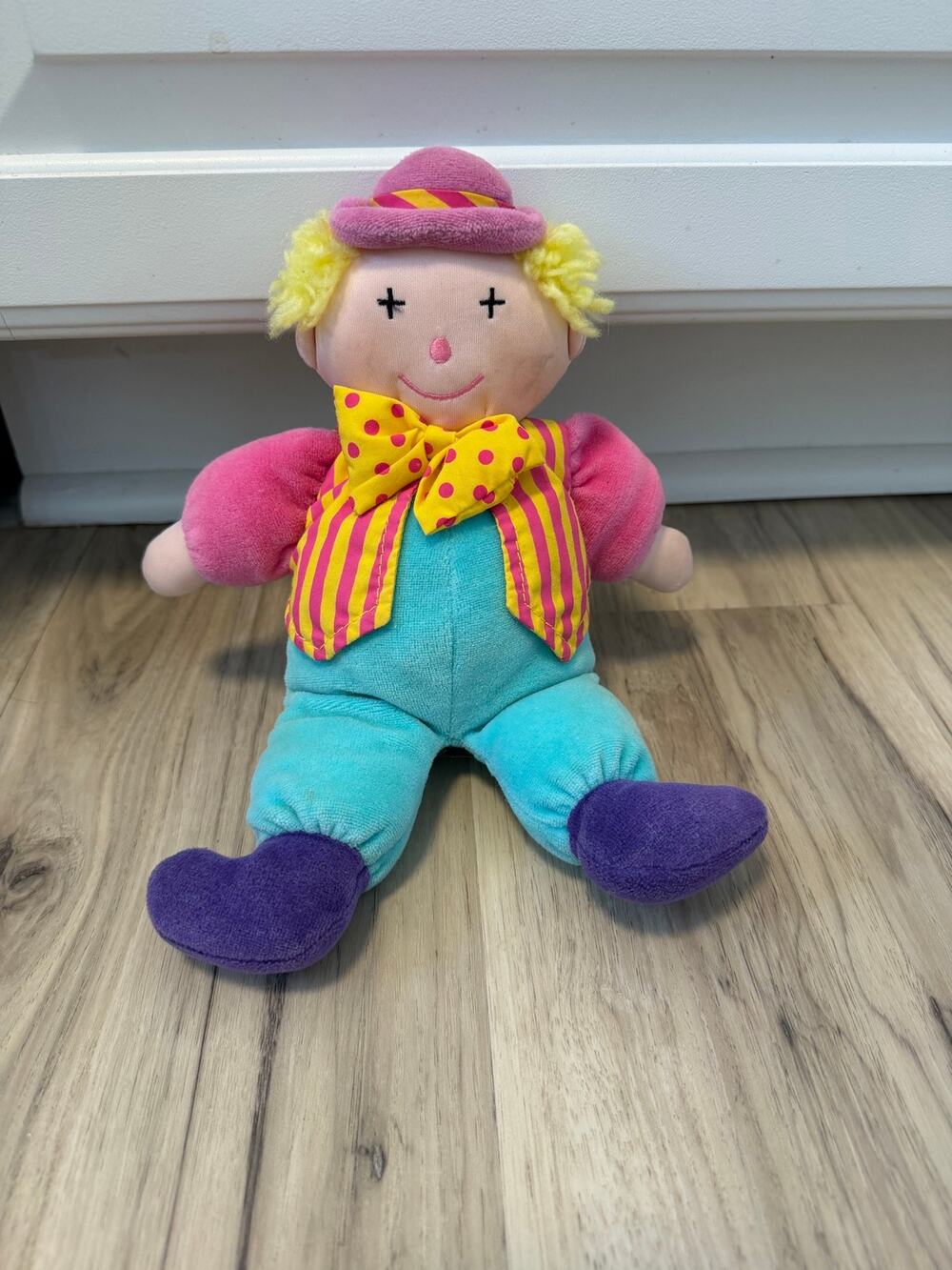 Vintage Eden Clown Plush Pastel Pink Blue Soft Cuddly Toy 1980's 10"